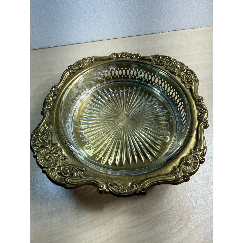 Vintage Brass Gallery Tray Ornate Floral Rim Starburst Cut Glass Insert